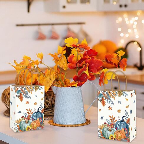 JarThenaAMCS 24Pcs Fall Kraft Paper Bag Blue Orange Pumpkin Leaves Treat Bags with Handles Candy Goodie Gift Bags for Autumn Harvest Thanksgiving Birthday Party Favors Supplies in Saudi Arabia