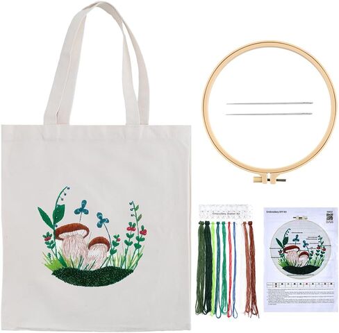 GORGECRAFT Canvas Tote Bag Embroidery Kit with Mushroom Pattern, Colorful Threads, Needle, Hoops & Instructions for DIY Craft in Saudi Arabia