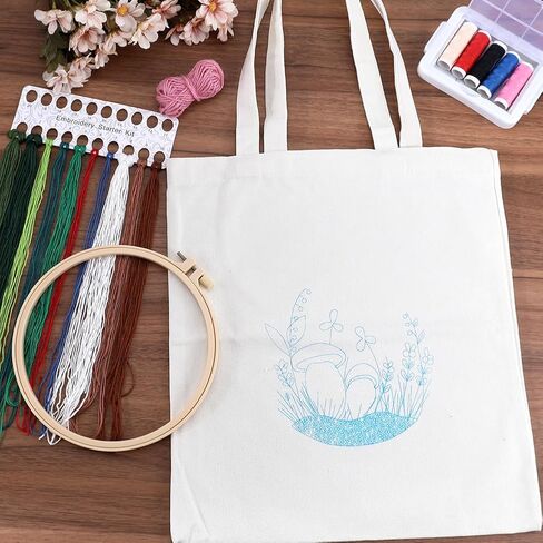 GORGECRAFT Canvas Tote Bag Embroidery Kit with Mushroom Pattern, Colorful Threads, Needle, Hoops & Instructions for DIY Craft in Saudi Arabia