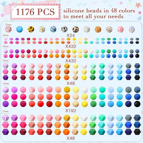 Hotop 342 Pcs Silicone Beads for Keychain Making Kit, 12mm15mm Round 14mm17mm Polygonal Silicone Beads Bulk, Rubber Beads for Keychain DIY Necklace Bracelet Jewelry Making Supplies in Saudi Arabia