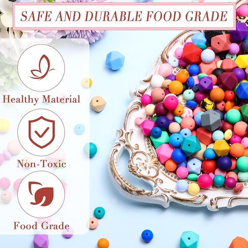 Hotop 342 Pcs Silicone Beads for Keychain Making Kit, 12mm15mm Round 14mm17mm Polygonal Silicone Beads Bulk, Rubber Beads for Keychain DIY Necklace Bracelet Jewelry Making Supplies in Saudi Arabia