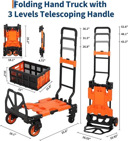 Garveehome 2-in-1 شاحنة يدوية قابلة للطي مع سلة قابلة للطي ، عربة دوللي 330 رطل مع حبل 2 Bungee ، عربة يد قابلة للتحويل مع 4 عجلات ومقبض قابل للسحب للأمتعة والسفر والتحرك والمكتب in Kuwait