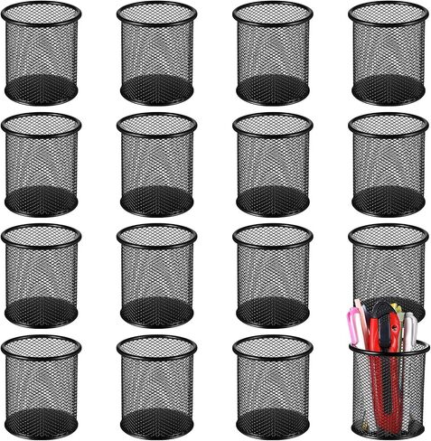 12 Pack Metal Pen Holder Mesh Pencil Holder Desk Organizer Mesh Round Pen Cup Pencil Cup for Desk Office Pen Organizer, Black in Saudi Arabia