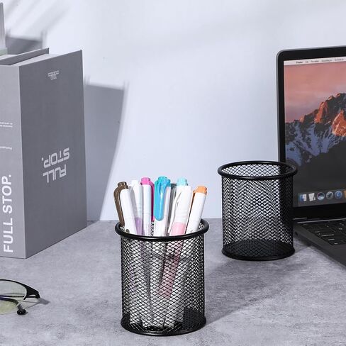 12 Pack Metal Pen Holder Mesh Pencil Holder Desk Organizer Mesh Round Pen Cup Pencil Cup for Desk Office Pen Organizer, Black in Saudi Arabia