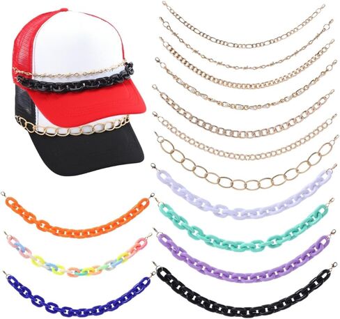 14 Pcs Trucker Hat Chains, Bulk Trucket Hat Charms Chains for Women Men, Bill Decoration DIY Metal/Acrylic/Pearl Chains Charms for Mesh Baseball Cap Trucker Hat in Saudi Arabia