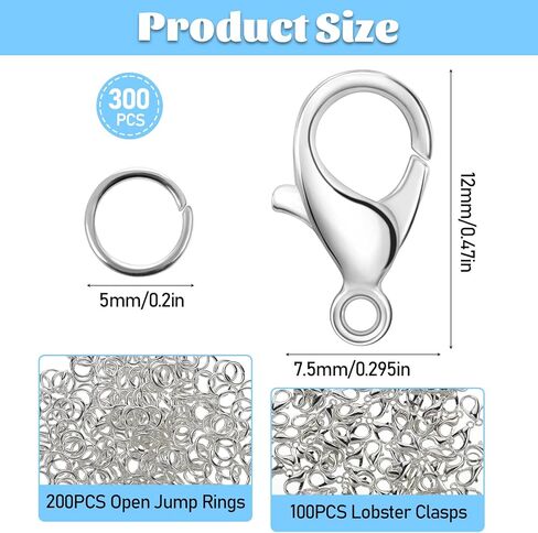 300 Pcs Lobster Claw Clasps Sets, Stainless Steel Jump Rings, Small Metal Jewelry Lobsters Closures Clasps, Removable Lobster Jump Rings for Making Jewelry Necklace Bracelet DIY Accessories, Silver in Kuwait
