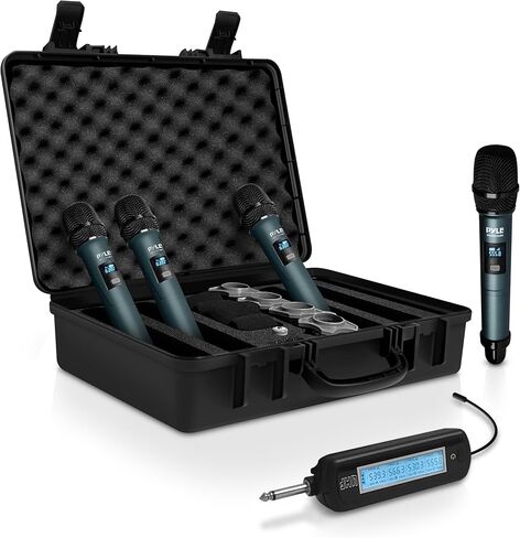 نظام ميكروفون لاسلكي Pyle UHF - ميكروفون لاسلكي مزدوج احترافي قابل لإعادة الشحن، مستقبل 2 × 100 قناة، مسح تلقائي - للكاريوكي المنزلي، الاجتماعات، الحفلات، DJ، المؤتمرات، المسرح، KTV، أبيض in Kuwait