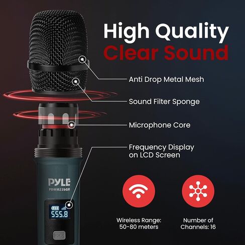 نظام ميكروفون لاسلكي Pyle UHF - ميكروفون لاسلكي مزدوج احترافي قابل لإعادة الشحن، مستقبل 2 × 100 قناة، مسح تلقائي - للكاريوكي المنزلي، الاجتماعات، الحفلات، DJ، المؤتمرات، المسرح، KTV، أبيض in Kuwait