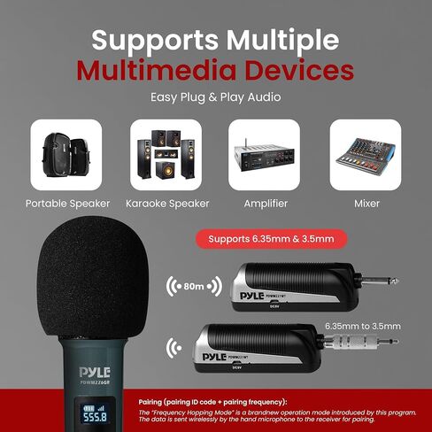 نظام ميكروفون لاسلكي Pyle UHF - ميكروفون لاسلكي مزدوج احترافي قابل لإعادة الشحن، مستقبل 2 × 100 قناة، مسح تلقائي - للكاريوكي المنزلي، الاجتماعات، الحفلات، DJ، المؤتمرات، المسرح، KTV، أبيض in Kuwait