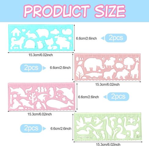 8pcs stencils Kids for Drawing ، واضحة الحاكم على شكل حيوانات الحيوانات أدوات صياغة أدوات القياس البلاستيكية حكام لوازم الرسوم المدرسية المكتبية in Saudi Arabia