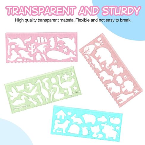 8pcs stencils Kids for Drawing ، واضحة الحاكم على شكل حيوانات الحيوانات أدوات صياغة أدوات القياس البلاستيكية حكام لوازم الرسوم المدرسية المكتبية in Saudi Arabia