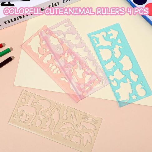 8pcs stencils Kids for Drawing ، واضحة الحاكم على شكل حيوانات الحيوانات أدوات صياغة أدوات القياس البلاستيكية حكام لوازم الرسوم المدرسية المكتبية in Saudi Arabia