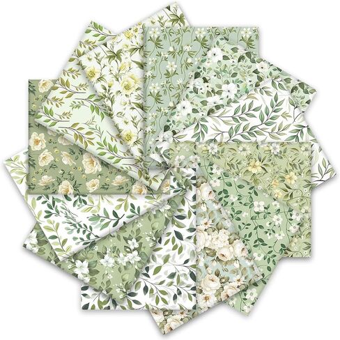 Whaline 12pcs Sage Green Green Floral Cotton Formles Flower Watercolor Leaves Fat Quarters Quiltting Patchwork for Birthday DIY Sewing Craft Spring Decor in Saudi Arabia