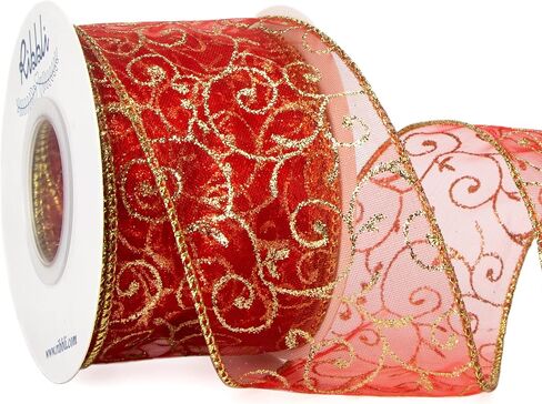Ribbli Swirl Glitter Wired Ribbon, Gold Organza Sheer with Gold Glitter Swirl Pattern and Metallic Edge,2-1/2Inch x 10Yards Christmas Ribbon for Tree Decoration in Saudi Arabia