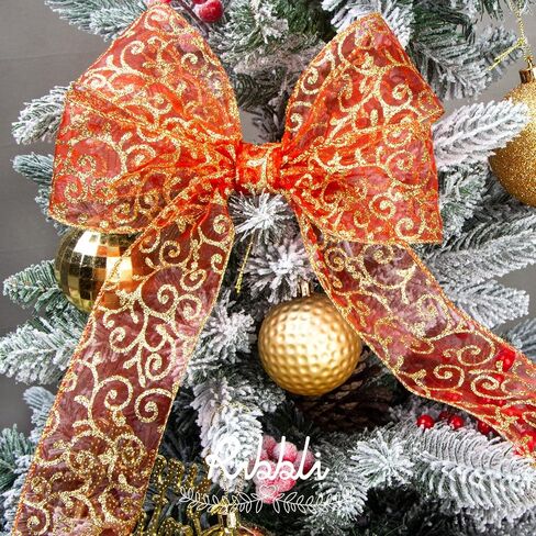 Ribbli Swirl Glitter Wired Ribbon, Gold Organza Sheer with Gold Glitter Swirl Pattern and Metallic Edge,2-1/2Inch x 10Yards Christmas Ribbon for Tree Decoration in Saudi Arabia