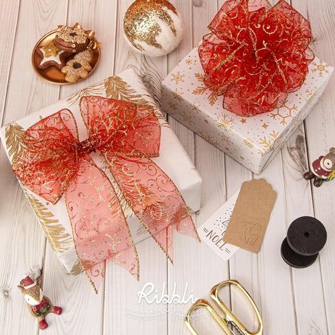 Ribbli Swirl Glitter Wired Ribbon, Gold Organza Sheer with Gold Glitter Swirl Pattern and Metallic Edge,2-1/2Inch x 10Yards Christmas Ribbon for Tree Decoration in Saudi Arabia