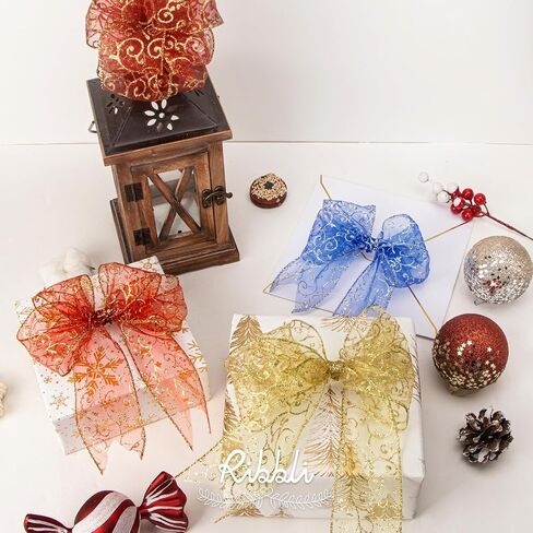 Ribbli Swirl Glitter Wired Ribbon, Gold Organza Sheer with Gold Glitter Swirl Pattern and Metallic Edge,2-1/2Inch x 10Yards Christmas Ribbon for Tree Decoration in Saudi Arabia