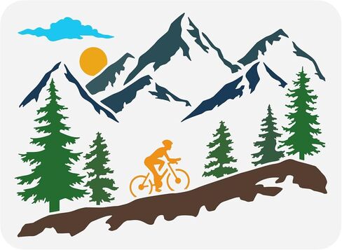 FINGERINSPIRE Mountain Tree and Cyclist Stencil 8.3x11.7inch Reusable Mountaineering Bikers Drawing Stencil Sunrise Painting Template Sports Theme Stencil for Painting on Wall Wood Fabric Furniture in Saudi Arabia