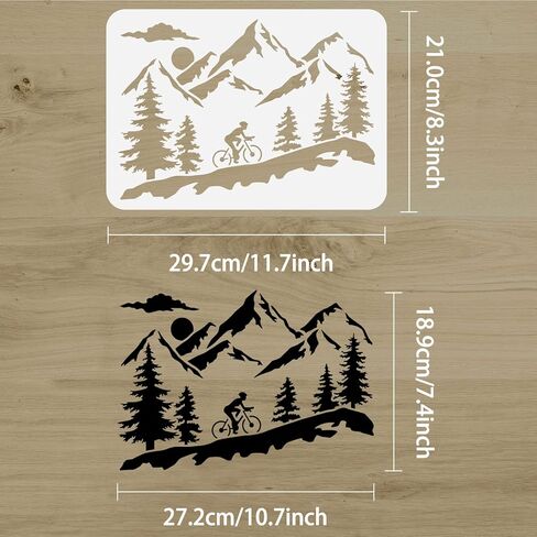FINGERINSPIRE Mountain Tree and Cyclist Stencil 8.3x11.7inch Reusable Mountaineering Bikers Drawing Stencil Sunrise Painting Template Sports Theme Stencil for Painting on Wall Wood Fabric Furniture in Saudi Arabia