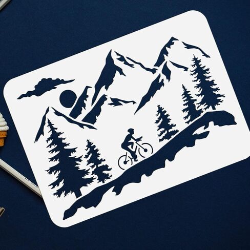 FINGERINSPIRE Mountain Tree and Cyclist Stencil 8.3x11.7inch Reusable Mountaineering Bikers Drawing Stencil Sunrise Painting Template Sports Theme Stencil for Painting on Wall Wood Fabric Furniture in Saudi Arabia