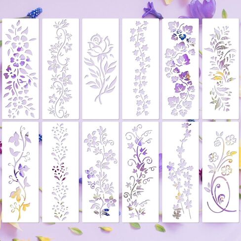 12 Pcs Leaves & Floral Stencils, 12x4.5in Flower Painting Stencils Reusable Tree Leaf Vine Drawing Templates for Painting on Wood Walls Fabric Crafts Home Decor Wall Art in Saudi Arabia