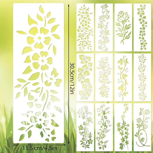 12 Pcs Leaves & Floral Stencils, 12x4.5in Flower Painting Stencils Reusable Tree Leaf Vine Drawing Templates for Painting on Wood Walls Fabric Crafts Home Decor Wall Art in Saudi Arabia