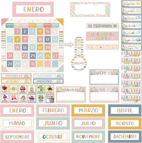 85 Pcs Spanish Classroom Calendar Back to School Bulletin Board Set Seasons Weather Days of the Week Chart Bulletin Board Calendar Set for Elementary Preschool Chalkboard Decor (Boho) in Saudi Arabia