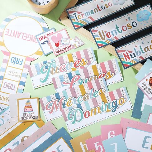 85 Pcs Spanish Classroom Calendar Back to School Bulletin Board Set Seasons Weather Days of the Week Chart Bulletin Board Calendar Set for Elementary Preschool Chalkboard Decor (Boho) in Saudi Arabia