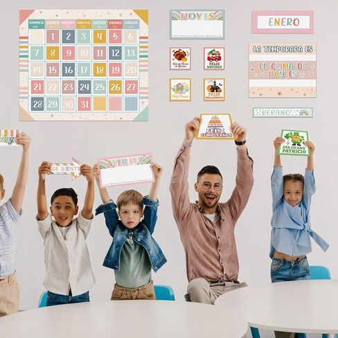 85 Pcs Spanish Classroom Calendar Back to School Bulletin Board Set Seasons Weather Days of the Week Chart Bulletin Board Calendar Set for Elementary Preschool Chalkboard Decor (Boho) in Saudi Arabia