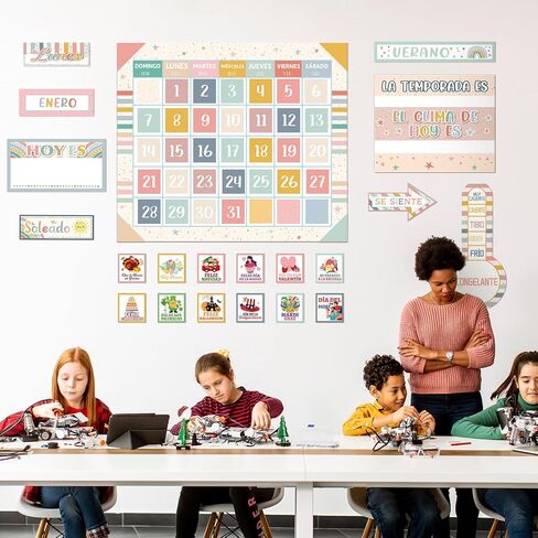 85 Pcs Spanish Classroom Calendar Back to School Bulletin Board Set Seasons Weather Days of the Week Chart Bulletin Board Calendar Set for Elementary Preschool Chalkboard Decor (Boho) in Saudi Arabia