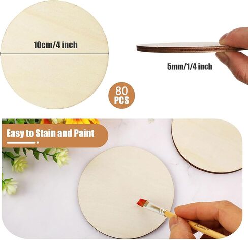MoDooris 80 Pcs Unfinished Round Wood Slices 4" Natural Wooden Non-Slip Coasters 5mm Wooden Circle Board for DIY Craft, Engraving, Wood Burning, Pyrography, Drawing in Kuwait