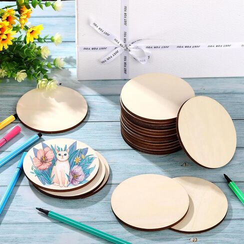 MoDooris 80 Pcs Unfinished Round Wood Slices 4" Natural Wooden Non-Slip Coasters 5mm Wooden Circle Board for DIY Craft, Engraving, Wood Burning, Pyrography, Drawing in Kuwait