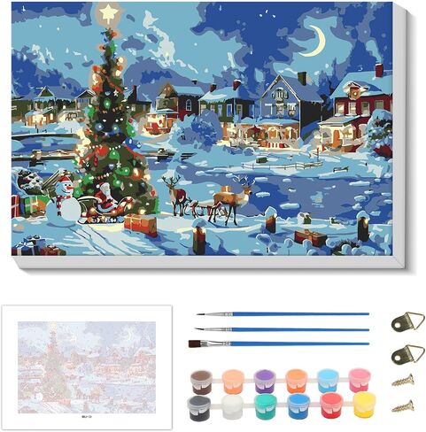 Skyboda Christmas Paint by Numbers Kit for Adults Beginners with Frame, Christmas Night Adult Paint by Number Kits on Canvas, Easy DIY Oil Painting Kits for Home Decor, 8x12in in Saudi Arabia