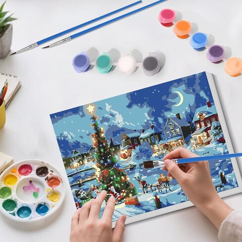 Skyboda Christmas Paint by Numbers Kit for Adults Beginners with Frame, Christmas Night Adult Paint by Number Kits on Canvas, Easy DIY Oil Painting Kits for Home Decor, 8x12in in Saudi Arabia