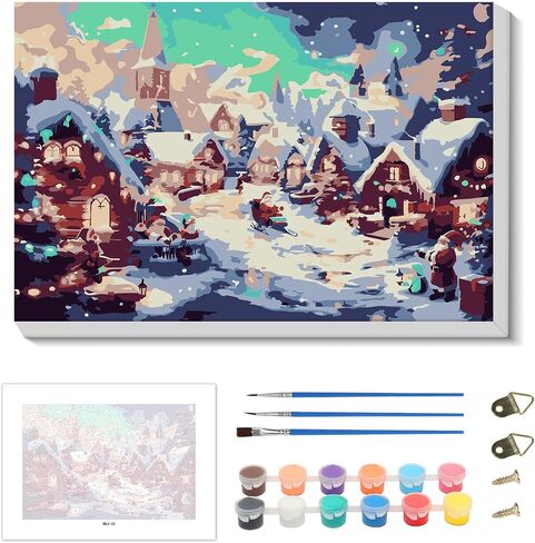 Skyboda Christmas Paint by Numbers Kit for Adults Beginners with Frame, Christmas Night Adult Paint by Number Kits on Canvas, Easy DIY Oil Painting Kits for Home Decor, 8x12in in Saudi Arabia