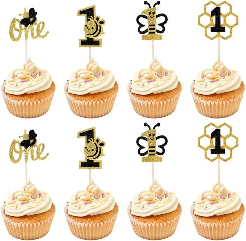 Grevosea 24 Pcs Bee Cupcake Toppers, Black and Gold Glitter Bee Cake Topper First Bee Day Decorations Girl Cake Decorations for Bee Theme Baby Shower Girls First Birthday Party Supplies in Saudi Arabia