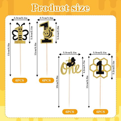 Grevosea 24 Pcs Bee Cupcake Toppers, Black and Gold Glitter Bee Cake Topper First Bee Day Decorations Girl Cake Decorations for Bee Theme Baby Shower Girls First Birthday Party Supplies in Saudi Arabia