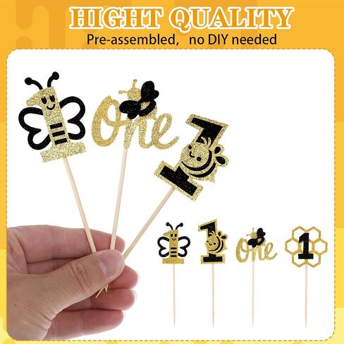 Grevosea 24 Pcs Bee Cupcake Toppers, Black and Gold Glitter Bee Cake Topper First Bee Day Decorations Girl Cake Decorations for Bee Theme Baby Shower Girls First Birthday Party Supplies in Saudi Arabia