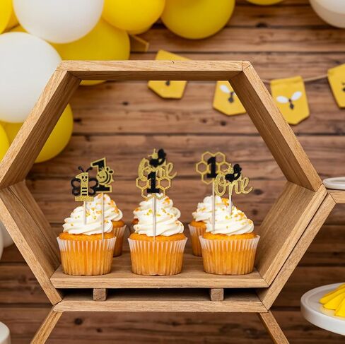 Grevosea 24 Pcs Bee Cupcake Toppers, Black and Gold Glitter Bee Cake Topper First Bee Day Decorations Girl Cake Decorations for Bee Theme Baby Shower Girls First Birthday Party Supplies in Saudi Arabia