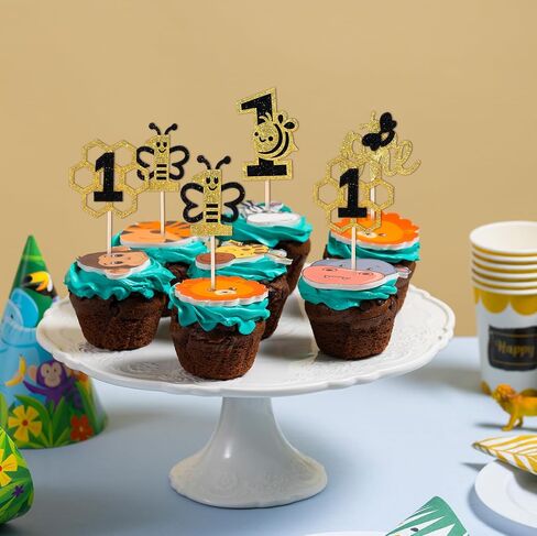 Grevosea 24 Pcs Bee Cupcake Toppers, Black and Gold Glitter Bee Cake Topper First Bee Day Decorations Girl Cake Decorations for Bee Theme Baby Shower Girls First Birthday Party Supplies in Saudi Arabia