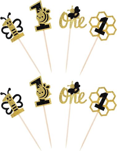 Grevosea 24 Pcs Bee Cupcake Toppers, Black and Gold Glitter Bee Cake Topper First Bee Day Decorations Girl Cake Decorations for Bee Theme Baby Shower Girls First Birthday Party Supplies in Saudi Arabia