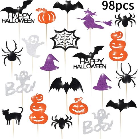 Blulu 98 PCS Halloween Cupcake Toppers ، مع الخفافيش ، واليقطين ، والشبح ، والساحرة ، ويب العنكبوت ، وقطات القطط لكعك الحفلات في الهالوين ، والطعام ، والكوكتيلات ، وزينة المقبلات ، in Saudi Arabia
