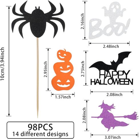 Blulu 98 PCS Halloween Cupcake Toppers ، مع الخفافيش ، واليقطين ، والشبح ، والساحرة ، ويب العنكبوت ، وقطات القطط لكعك الحفلات في الهالوين ، والطعام ، والكوكتيلات ، وزينة المقبلات ، in Saudi Arabia