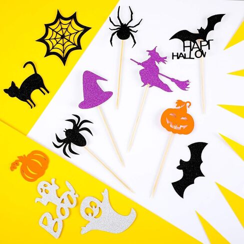 Blulu 98 PCS Halloween Cupcake Toppers ، مع الخفافيش ، واليقطين ، والشبح ، والساحرة ، ويب العنكبوت ، وقطات القطط لكعك الحفلات في الهالوين ، والطعام ، والكوكتيلات ، وزينة المقبلات ، in Saudi Arabia