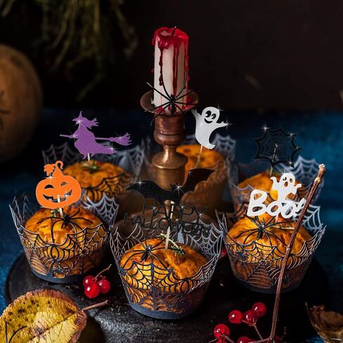 Blulu 98 PCS Halloween Cupcake Toppers ، مع الخفافيش ، واليقطين ، والشبح ، والساحرة ، ويب العنكبوت ، وقطات القطط لكعك الحفلات في الهالوين ، والطعام ، والكوكتيلات ، وزينة المقبلات ، in Saudi Arabia