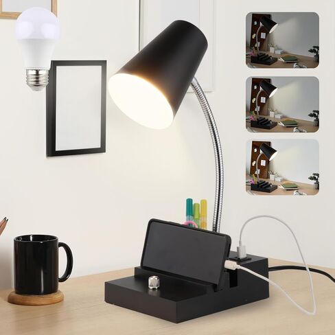 Study Desk Lamp with USB Charging and Type-C Night Light, Gooseneck LED Table Lamp Stepless Dimming Study Table Lamp with Pen Holder for College Dorm Bedroom and Office (White) in Kuwait