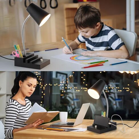 Study Desk Lamp with USB Charging and Type-C Night Light, Gooseneck LED Table Lamp Stepless Dimming Study Table Lamp with Pen Holder for College Dorm Bedroom and Office (White) in Kuwait