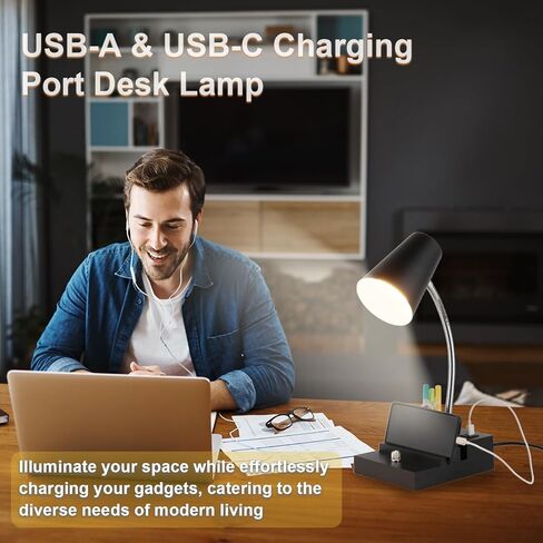 Study Desk Lamp with USB Charging and Type-C Night Light, Gooseneck LED Table Lamp Stepless Dimming Study Table Lamp with Pen Holder for College Dorm Bedroom and Office (White) in Kuwait