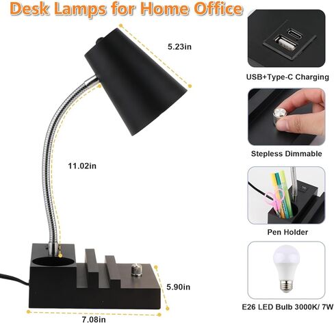 Study Desk Lamp with USB Charging and Type-C Night Light, Gooseneck LED Table Lamp Stepless Dimming Study Table Lamp with Pen Holder for College Dorm Bedroom and Office (White) in Kuwait