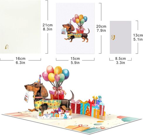البالون dachshund يطفو على تشغيل بطاقة تهنئة عيد ميلاد سعيد ، هدية الحب المثالية للبالغين والأطفال مع ملاحظة فارغة ومغلف ، احتفال قابل للطي لابنته ، الابن ، أمي ، أبي ، صديق ، أطفال in Saudi Arabia